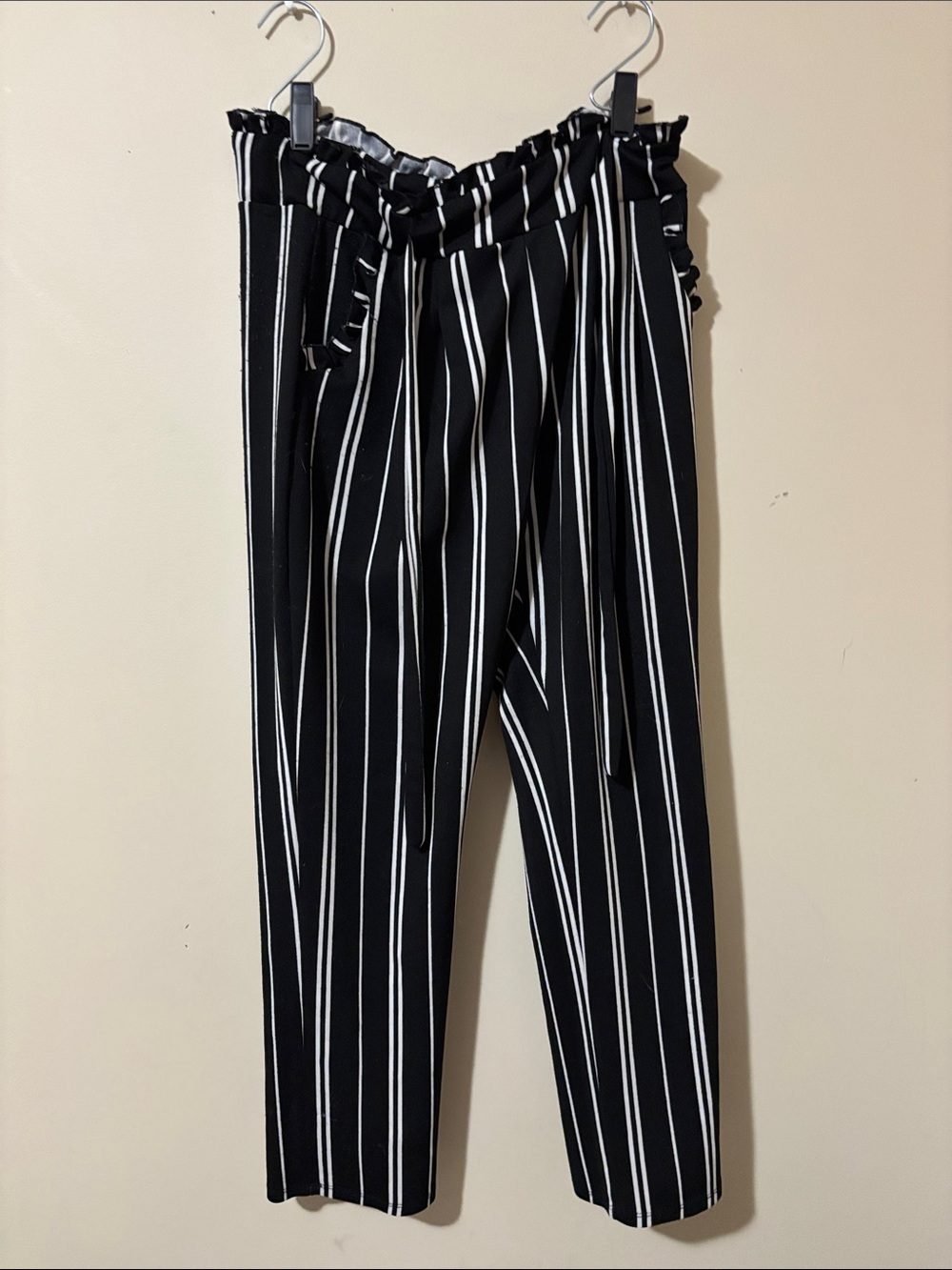 Black & White Striped Paperbag Waist Straight-Leg Pants